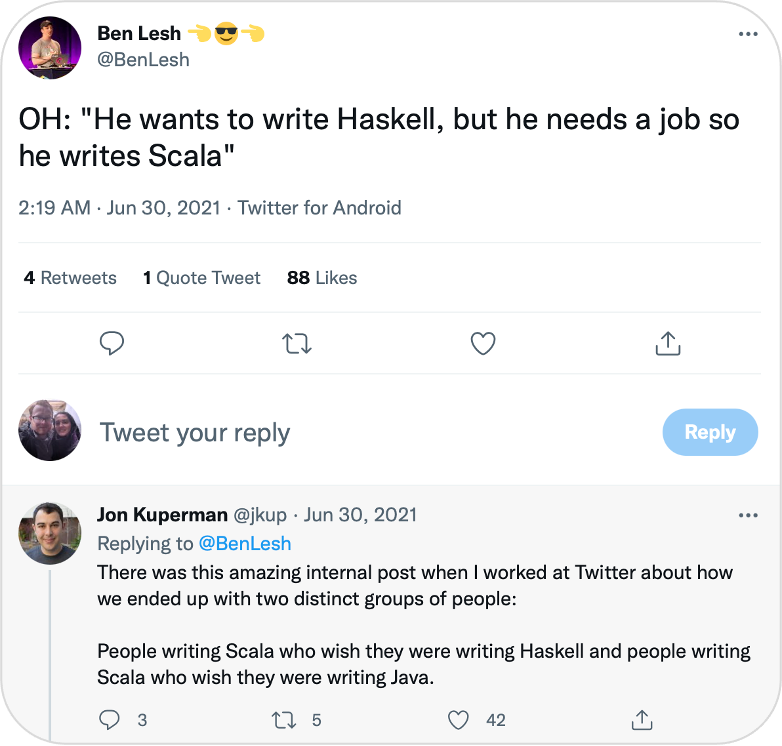 "A Tweet talking about groups of Twitter developers, some who write Scala like Haskell and some who write it like Java"